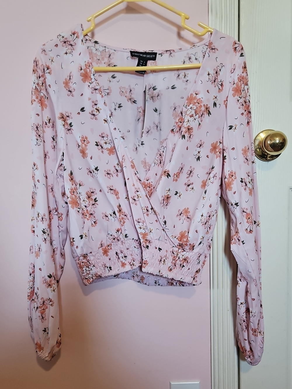 Streetwear Society  Light Pink Floral Wrap Cropped Blouse